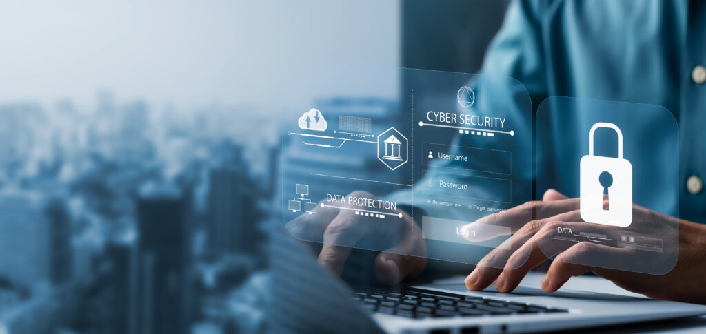 Hands using a laptop with padlock and data-protection icons overlaid